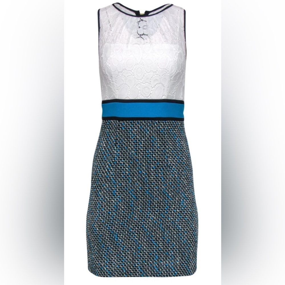 Milly - White Lace & Blue Tweed Skirt Sheath Dress (Size 4)